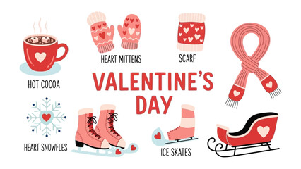 Valentine's Day Elements: Capturing the spirit of romance, this image presents a collection of Valentine's Day elements, including hot cocoa, mittens, a scarf, snowflakes, ice skates, and a sled.