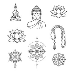 Set of spiritual symbols in line art