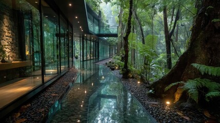 Glass walkway corridor connecting two buildings in a tropical rainforest, nature surrounding the architecture, peaceful and modern, seamless integration, architectural digest style 