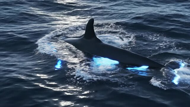 Orca whale breaching the ocean surface with sleek black and white markings under bright daylight
