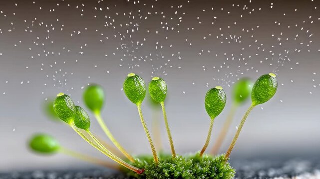 Close-up view of lush green moss featuring spore capsules, highlighting intricate textures and natural beauty, camera smoothly zooms in to enhance visual detail