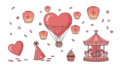 Love in the Air: An artistic depiction of love, joy, and celebration. A heart-shaped hot air balloon ascends alongside floating lanterns, confetti, and celebratory objects.