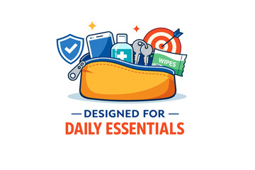 Essential items in pouch with keys, first aid, shield, and target design