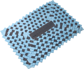 rectangular handmade patchwork fabric mat isolated white background, repeating pattern of light blue and dark blue squares cotton textile texture