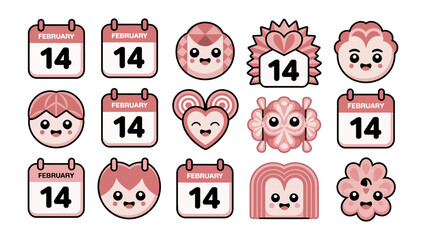 Valentine's Day Icon Set: A collection of charming Valentine's Day-themed icons, featuring heart shapes, calendars, and adorable character designs in soft, loving tones.