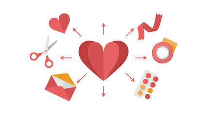 Love's Creative Heart: A vibrant illustration showcasing love's multifaceted essence, with a central heart emanating creativity through various tools. © FARHANA