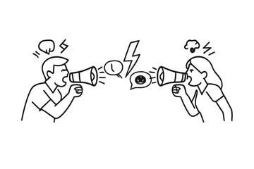 Angry people arguing through megaphones