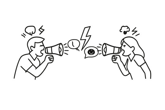 Angry people arguing through megaphones
