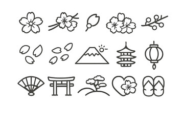 Japanese Icons Collection on Golden Gradient Background