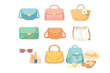 Collection of colorful women's accessories with glowing outlines