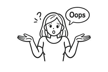 Woman shrugging with 'Oops' speech bubble