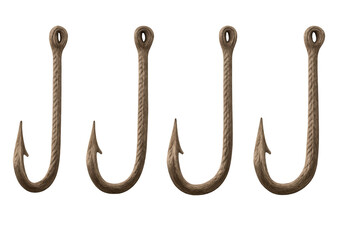 Four vintage rope fishing hooks, braided tackle elements for marine design, rustic angling equipment on transparent background