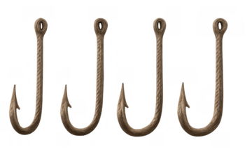 Four vintage rope fishing hooks, braided tackle elements for marine design, rustic angling equipment on transparent background