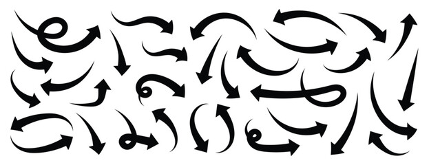 Curved arrow icons. Hand drawn wavy arrow set. Black arrows set. Curved arrows. Arrow sign. Flat style icons 