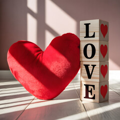 "Plush Red Heart Cushion with Wooden LOVE Blocks Sunlit Minimalist Romantic Home Decor"