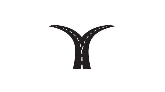 Minimalist black road fork icon showing two curved highways forming a Y junction with dashed lane markings, vector silhouette on white background