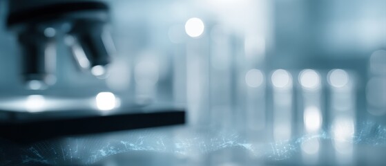 Biotechnology research lab with microscopes, test tubes, and DNA visualization overlay