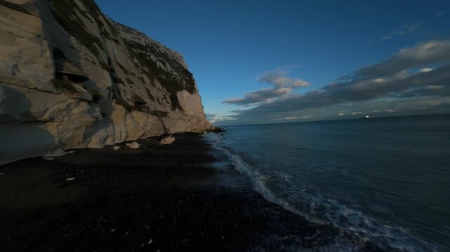 FPV Aerial Drone View of the White Cliffs of Dover at Sunset