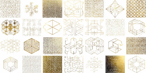 A diverse array of golden geometric patterns and designs, including hexagons, lines, and 3D shapes, suitable for design and art projects.