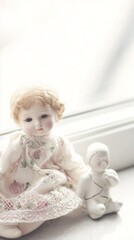 Fototapeta premium doll. A vintage cracked porcelain doll beside a pristine doll in soft window light. wellbeing guides, coaching materials, designed for coaching and self-improvement content, clarifies learning. 
