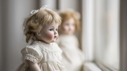 Fototapeta premium doll. A vintage cracked porcelain doll beside a pristine doll in soft window light. wellbeing guides, coaching materials, designed for coaching and self-improvement content, clarifies learning. 