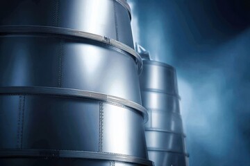Close up of shiny metallic industrial structures with a blurred background suggesting manufacturing or aerospace technology.
