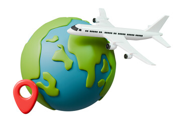 Fototapeta premium 3d world travel icon. global navigation concept. minimal cartoon earth globe airplane location pin for travel booking. isolated on white transparent background. 3d render.