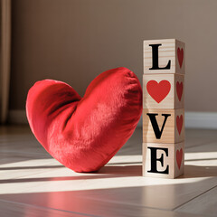 "Plush Red Heart Cushion with Wooden LOVE Blocks Sunlit Minimalist Romantic Home Decor"