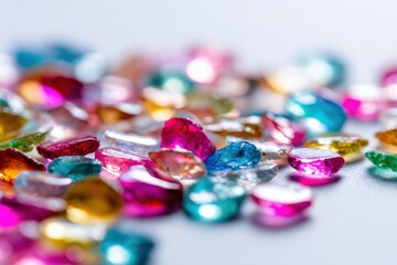 Macro view of scattered, colorful faceted gems with a shallow depth of field, showcasing sparkling textures.