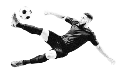 Soccer player performing bicycle kick halftone silhouette, black and white football action PNG isolated on transparent background