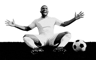 Frustrated soccer player sitting on ground halftone silhouette, black and white football emotion PNG isolated on transparent background