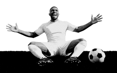 Frustrated soccer player sitting on ground halftone silhouette, black and white football emotion PNG isolated on transparent background