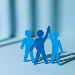 Three blue paper cutout figures in a celebratory pose