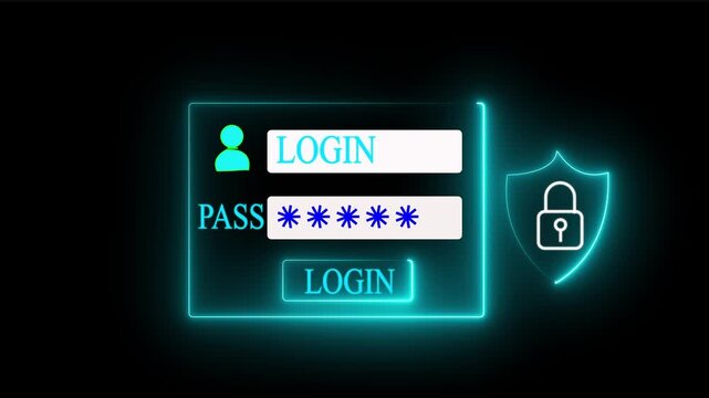 A user selects a holographic login form with password field and shield icon in a dark studio. Concept of cybersecurity authentication and data protection.
