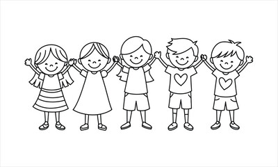 Five happy diverse children smile with arms open, depicted as black and white outline drawings on white