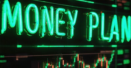 Bright neon sign displays Money Plan. Background shows financial charts, green and red lines indicating market fluctuations. Dark setting.