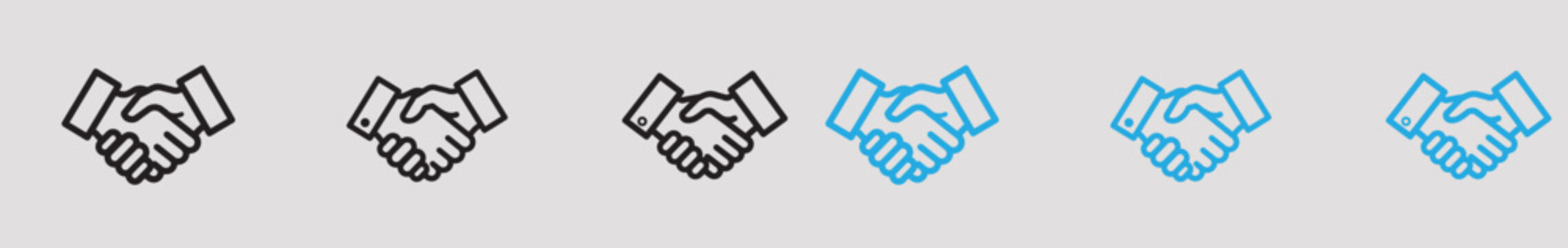 A series of handshake icons in black and blue on a gray background representing business agreements and partnerships