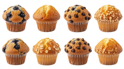 Assorted muffins with various toppings isolated on transparent background