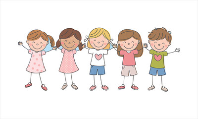 Five happy diverse children stand smiling in a line with their arms joyfully open on a white field