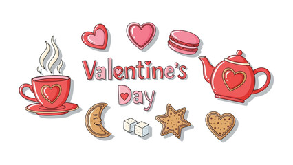 Sweet Symbols of Affection: A charming Valentine's Day arrangement features romantic imagery of hearts, tea, and delightful treats to express love.