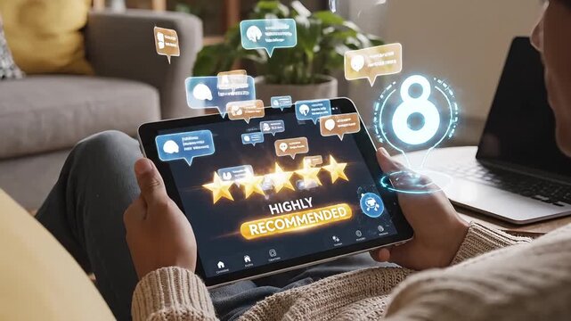 A person holds a tablet displaying a five-star review with glowing loyalty program data