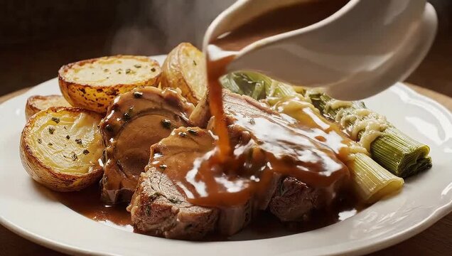 Sliced lamb with roasted potatoes and leeks being drizzled with gravy