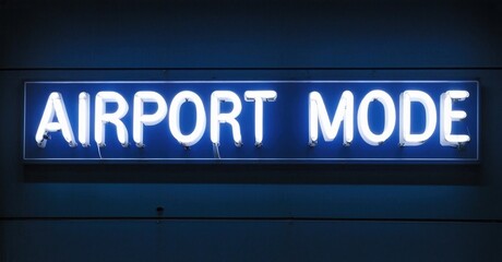 Obraz premium Bright neon sign displays AIRPORT MODE. Blue background provides contrast. Simple, modern aesthetic. Minimalist design.
