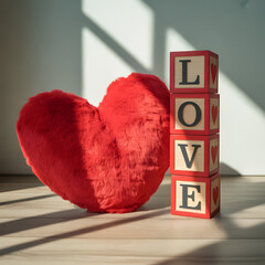 "Plush Red Heart Cushion with Wooden LOVE Blocks Sunlit Minimalist Romantic Home Decor"