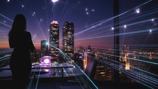 Silhouette of a woman in a highrise office overlooking city at night with neon network connections