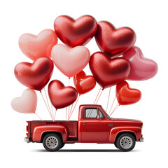 "Red Vintage Pickup Truck Carrying Heart-Shaped Balloons Valentine Romance Delivery Concept"