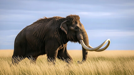 Naklejka premium A majestic mammoth standing in a vast field of golden tall grass under a serene blue sky