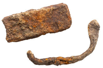 Old unknown rusty objects isolated on white background. The usual magnet fishing finds.