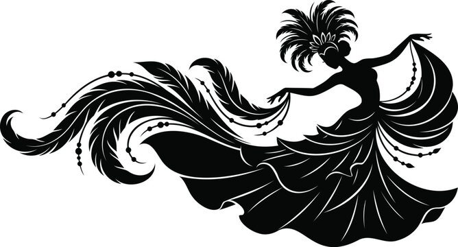 Silhouette of a belly dancer in a flowing dress with feathered headdress performing 