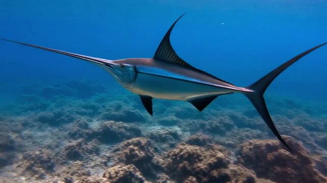 High-quality 3D render of a majestic billfish navigating deep water with smooth cinematic motion and professional tracking.